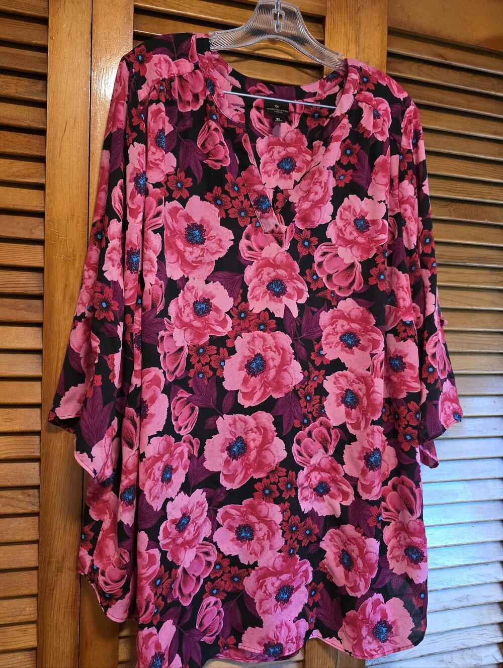 Worthington Pink Black Floral Roll Tab Sleeve Blouse 3X - Picture 12 of 16